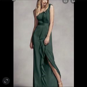 Vera Wang Long One Shoulder Bridesmaid Dress in Forest Green